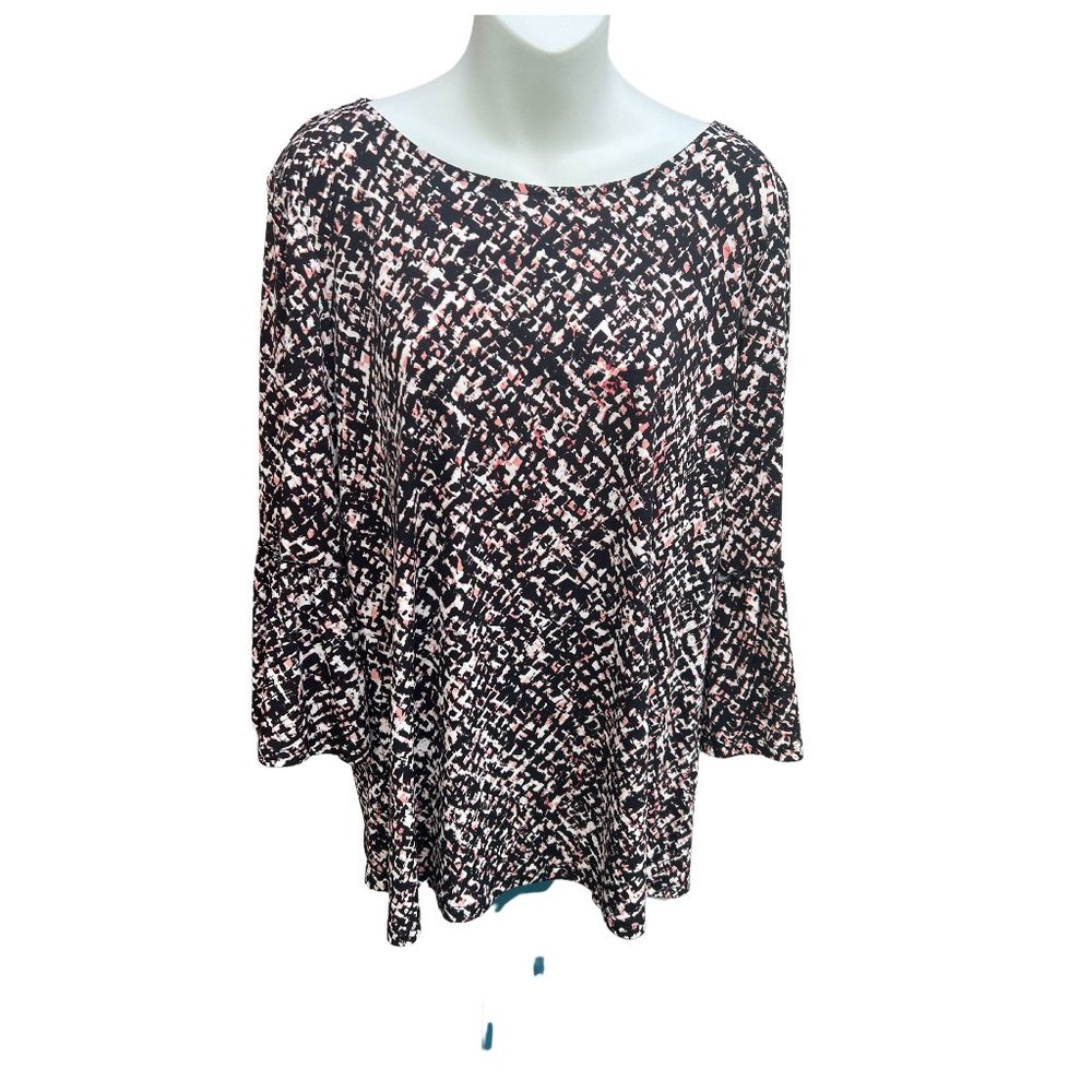 Ellen Tracy Long Bell Sleeve Round Neck Pullover Blouse Black White & Pink  L